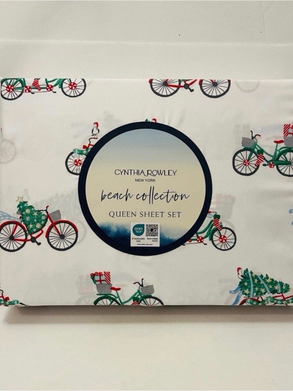 Cynthia Rowley Beach Collection Queen Size Sheet Set Christmas Bikes Tree Gifts